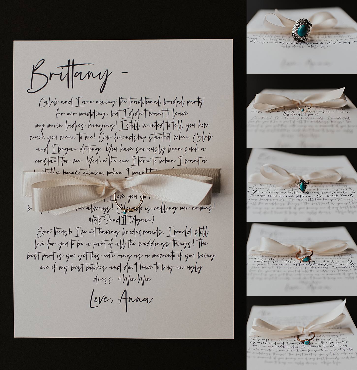 Turquoise rings and letters to best friends for elopement with white bow; Eloping Without a Bridal Party