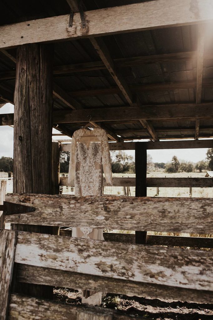 Detail photography of wedding dress in Okeechobee barn