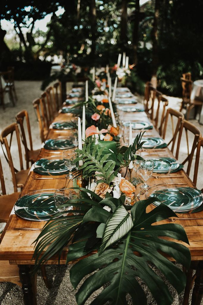 Tropical tablescape for reception at the Historic Walton House in Homestead Florida