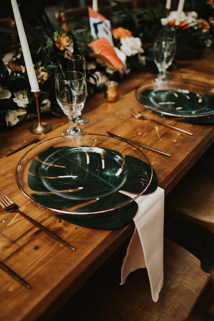 Tropical place setting for reception at the Historic Walton House in Homestead Florida