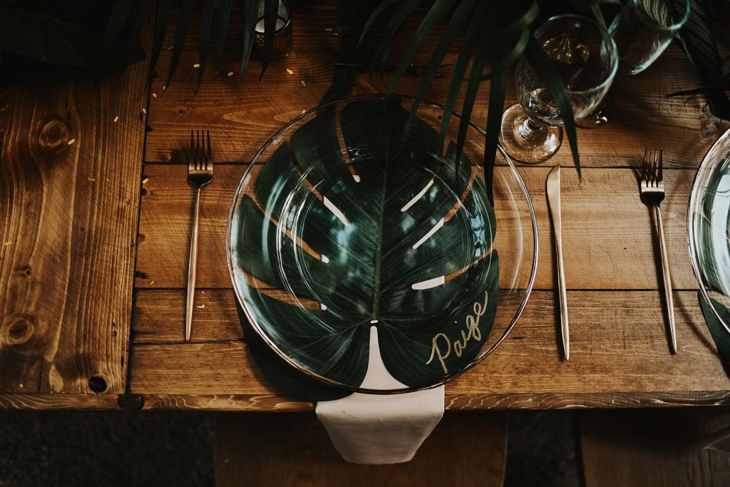 Tropical place setting for reception at the Historic Walton House in Homestead Florida