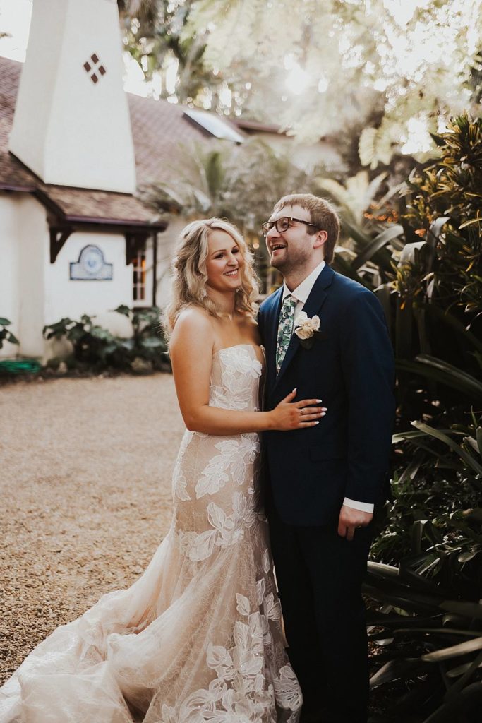 Tropical bride and groom portrait at the historic walton house in homestead florida