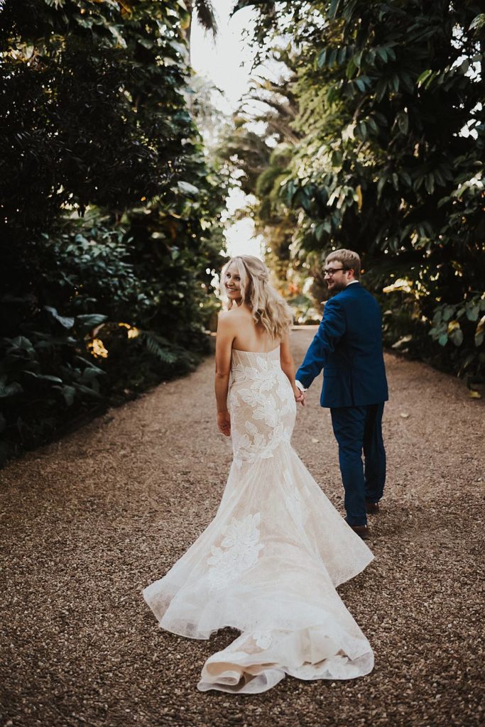 Tropical bride and groom portrait at the historic walton house in homestead florida
