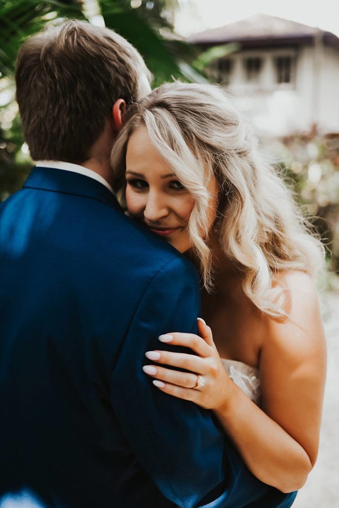 Tropical bride and groom portrait at the historic walton house in homestead florida