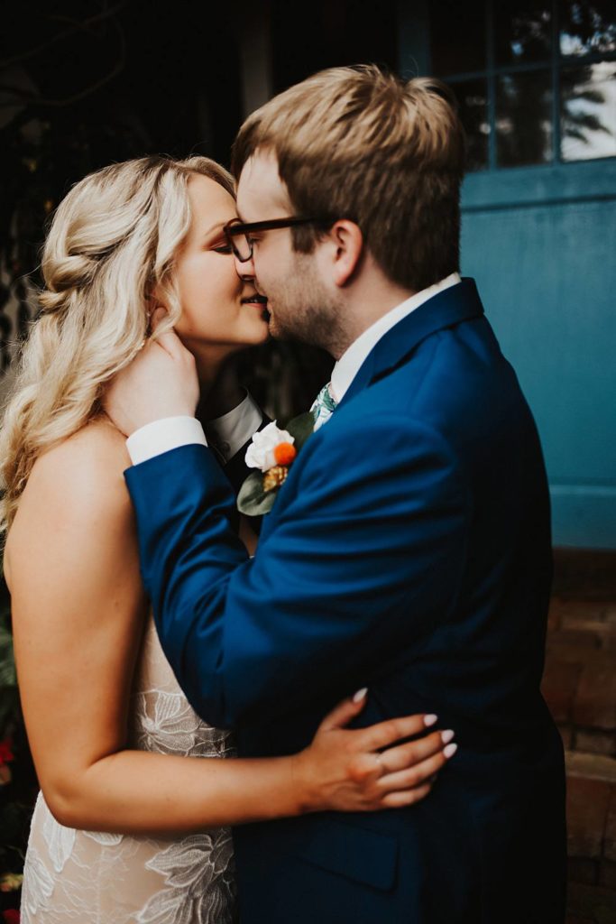 Tropical bride and groom portrait at the historic walton house in homestead florida