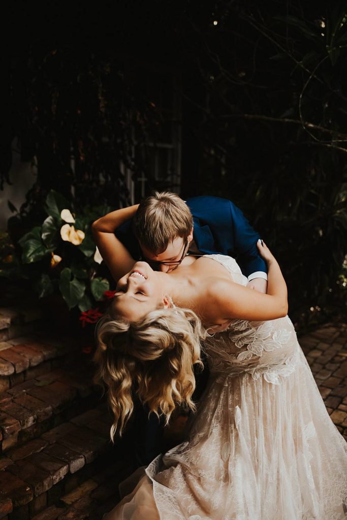 Tropical bride and groom portrait at the historic walton house in homestead florida