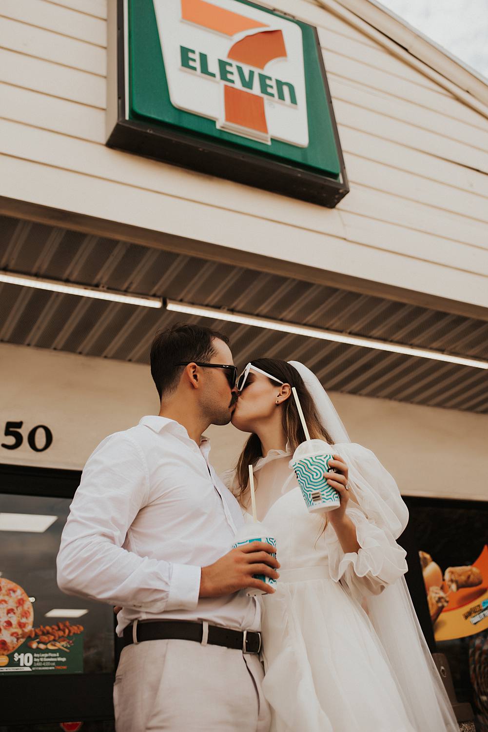 Bride and groom drinking slurpees at 7 eleven