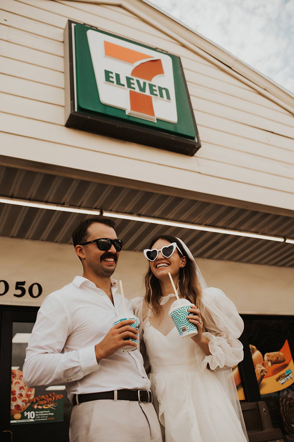 Bride and groom drinking slurpees at 7 eleven