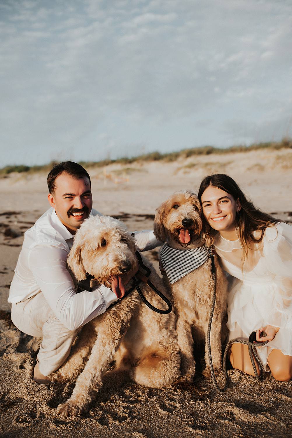 Bride and groom with golden doodle dogs on beach