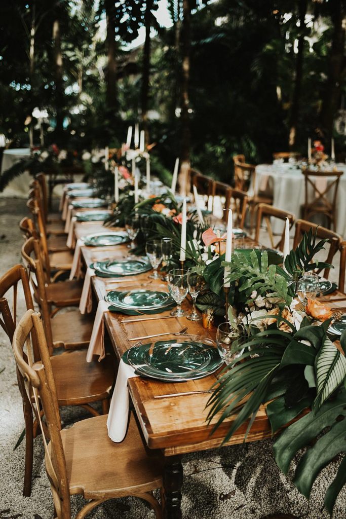 Tropical tablescape for reception at the Historic Walton House in Homestead Florida