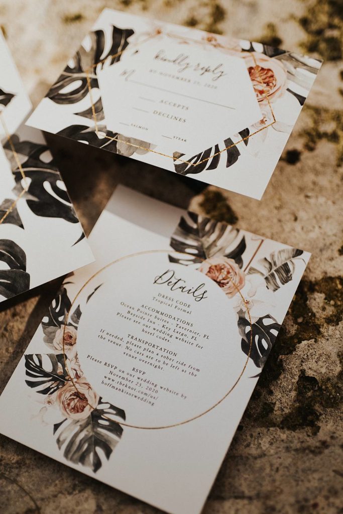 Tropical invitation suite flat lay at Historic Walton House in Homestead, Florida