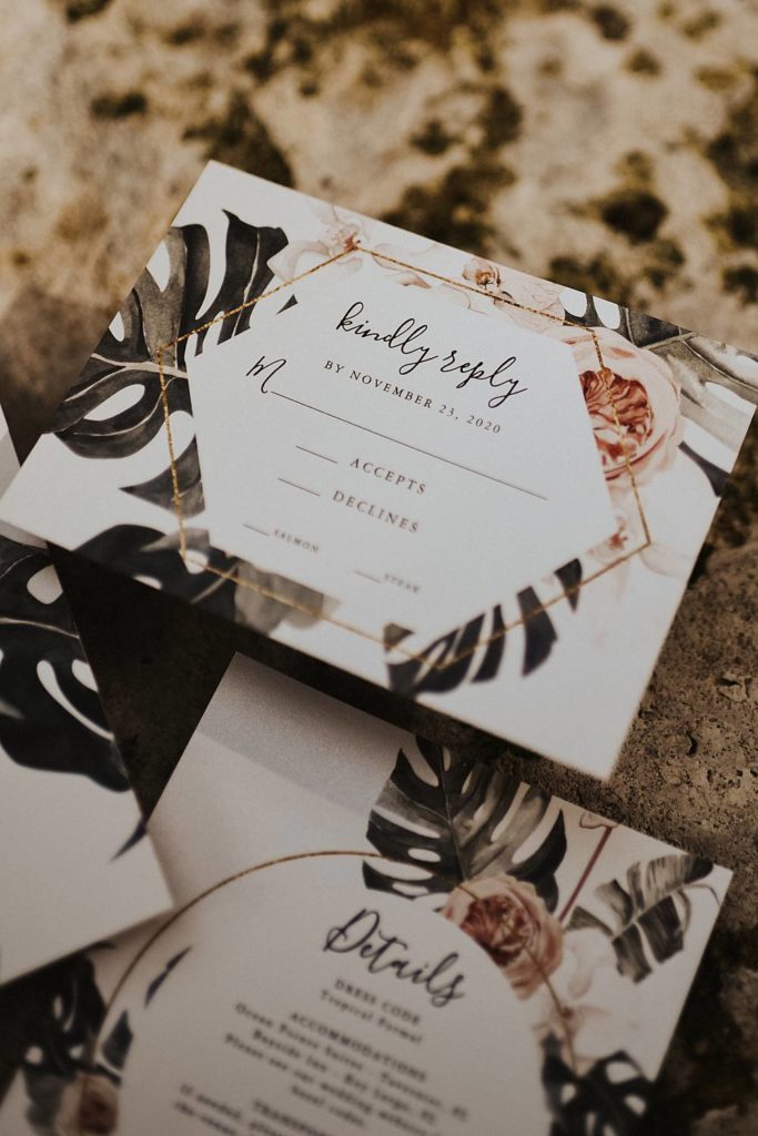 Tropical invitation suite flat lay at Historic Walton House in Homestead, Florida