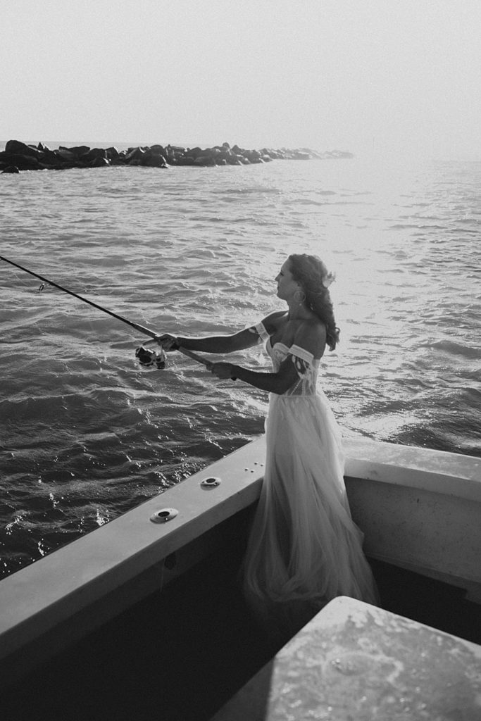 Bride fishing on boat