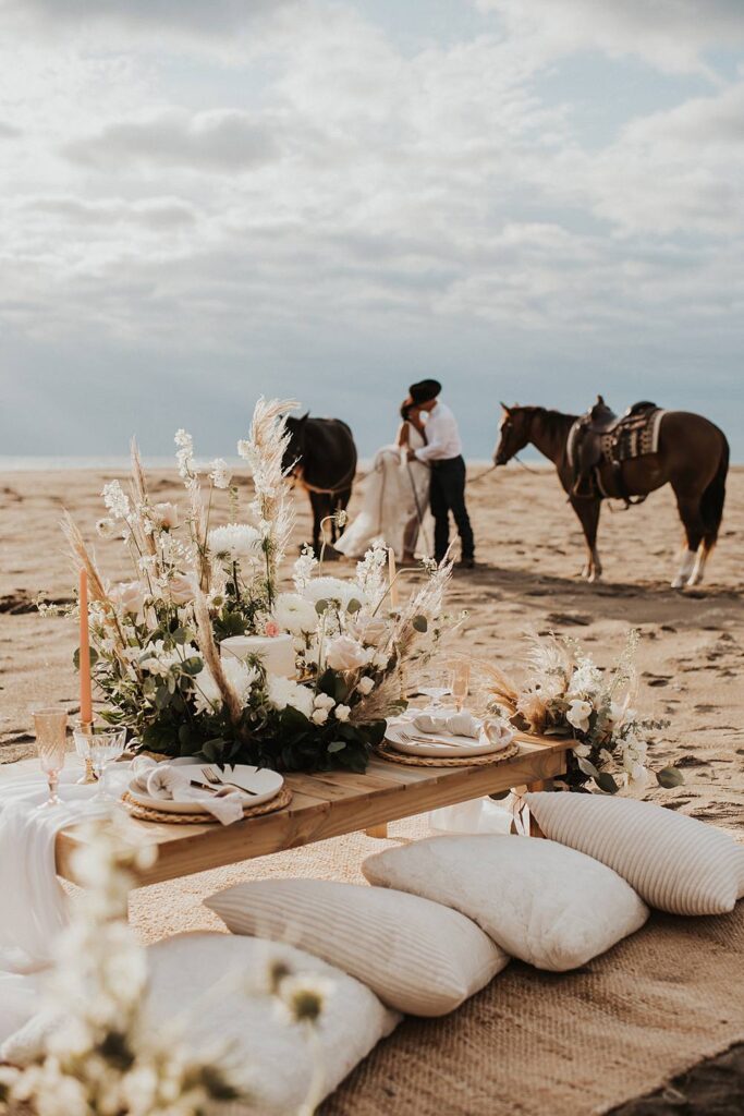 Luxury picnic on Florida beach with pillow seats and floral meadow around cake with bride and groom in the background